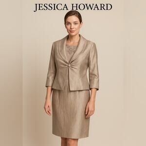 NWT $150‎ Jessica Howard 2 Piece Set Dress & Jacket Taupe 16 Plus Size Wedding
